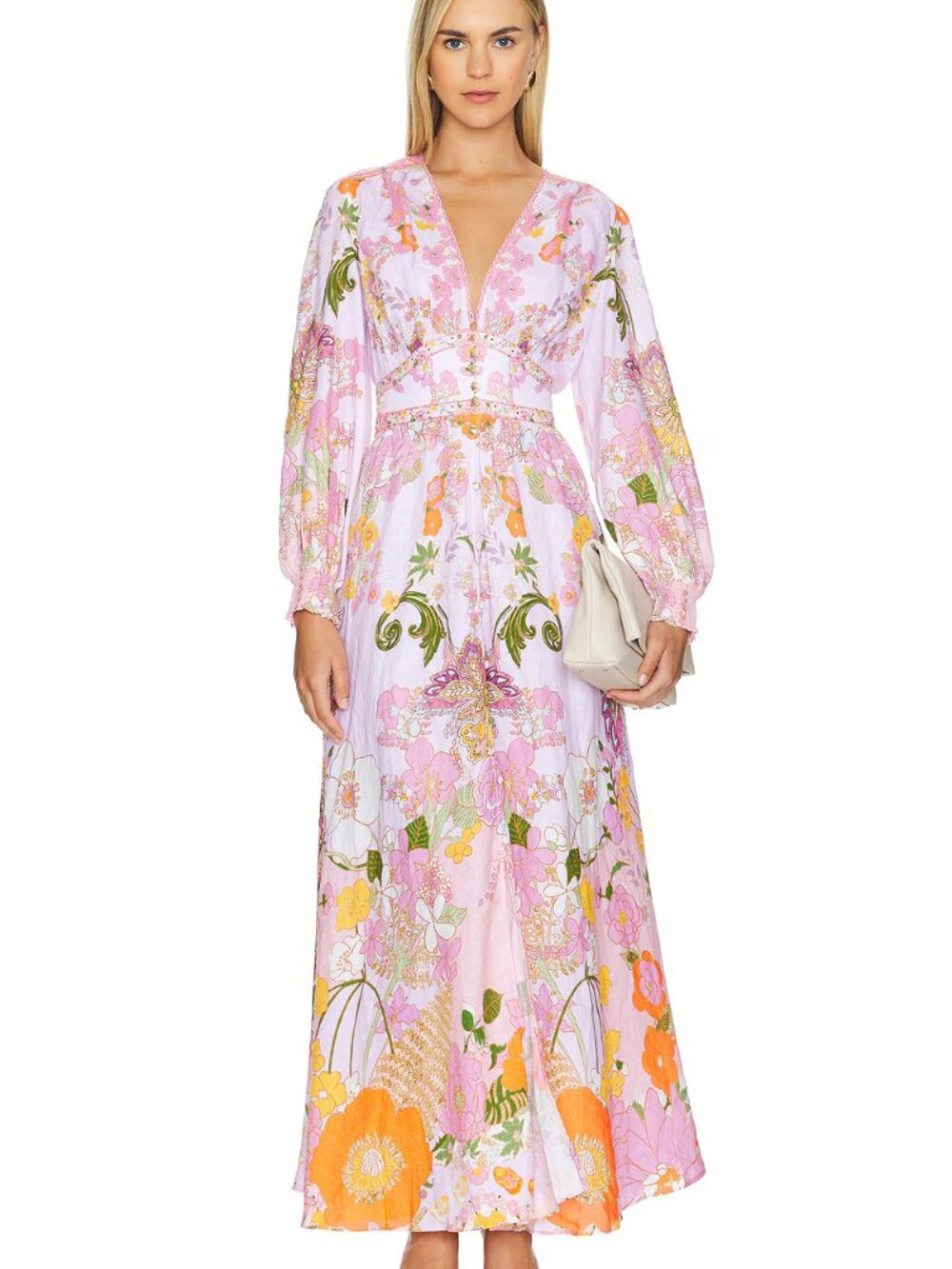 CAMILLA 'Clever Clogs' Linen V-Neck Empire Waist Long Sleeves Floral Maxi Dress